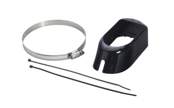 HDI Trolling Motor Adapter For Skimmer 000-10978-001 showing a black plastic adapter piece, metal adjustable clamp, and two black zip ties used for securing trolling motor accessories.
