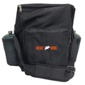 Black Heat Hog Travel Bag (w/ Strap) with front zippered pocket, adjustable shoulder strap, and two mesh side pockets holding green bottles, designed for fishing tackle storage.