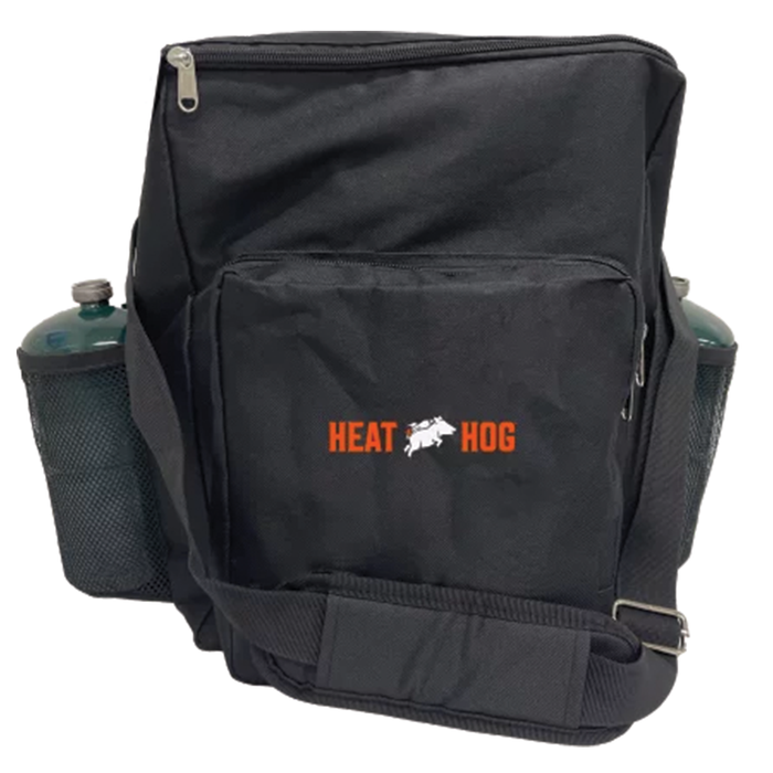 Black Heat Hog Travel Bag (w/ Strap) with front zippered pocket, adjustable shoulder strap, and two mesh side pockets holding green bottles, designed for fishing tackle storage.