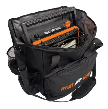Black Heat Hog Travel Bag (w/ Strap) open to show an orange portable heater inside, featuring front zipper pocket and side mesh compartments, designed for outdoor fishing gear storage.