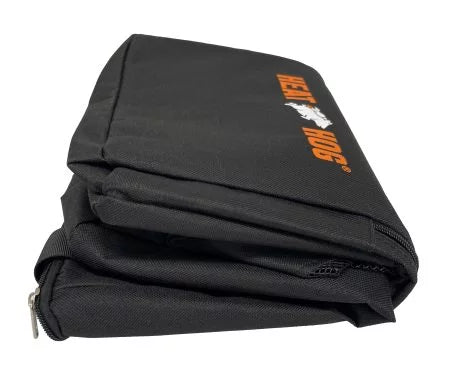 Folded black Heat Hog Travel Bag (w/ Strap) made from durable fabric with an orange logo, designed for securely carrying fishing tackle and gear.