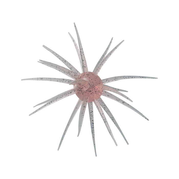 Soft translucent pink fishing lure with multiple thin flexible appendages featuring black speckles, designed as Hideup Coike Fullcast for fishing tackle use.