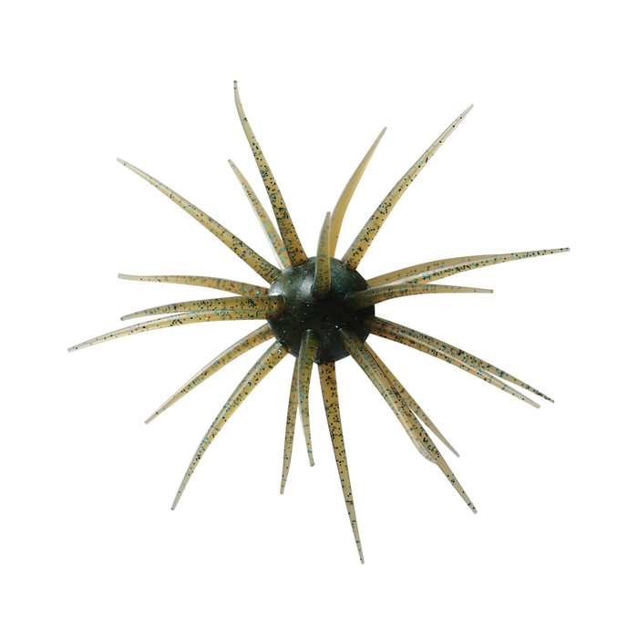 Hideup Coike Fullcast fishing lure with a round body and multiple long tentacle-like appendages in translucent green with black speckles designed for effective musky fishing.