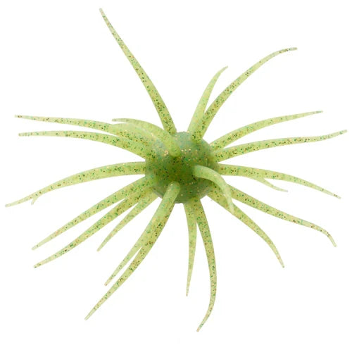 Hideup Coike Fullcast fishing lure in translucent pale green with multiple thin, flexible appendages designed to mimic aquatic prey for effective musky fishing.