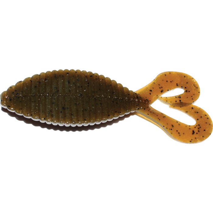 Hideup Stagger Wide Twintail soft fishing lure in brown with black speckles, featuring a ribbed body and two wide curled tails for lifelike movement in water.