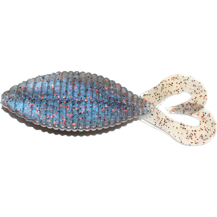 Hideup Stagger Wide Twintail soft fishing lure with a ribbed blue-gray body and translucent twin tail speckled with red and black for attracting musky and other game fish.