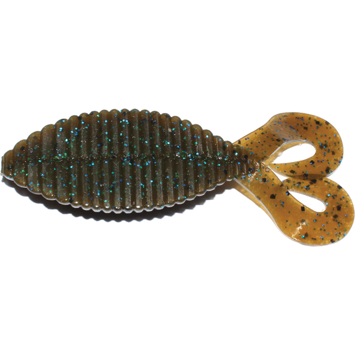 Hideup Stagger Wide Twintail soft plastic fishing lure in brown with blue and black flecks, featuring a ribbed body and twin paddle tail for lifelike movement in water.