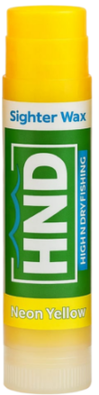 High and Dry Sighter Wax in neon yellow, a compact fishing tackle accessory used to improve visibility for fly fishing and musky tackle applications.