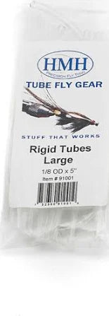 Package of HMH Rigid Tubes for fly fishing, featuring clear rigid tubes labeled for large size, used for creating custom fishing lures and tackle.