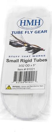 Package of HMH Rigid Tubes Small Rigid Tubes, clear hollow tubes used for fly fishing, measuring 3/32 OD by 5 inches, designed for creating custom fishing lures and tackle.
