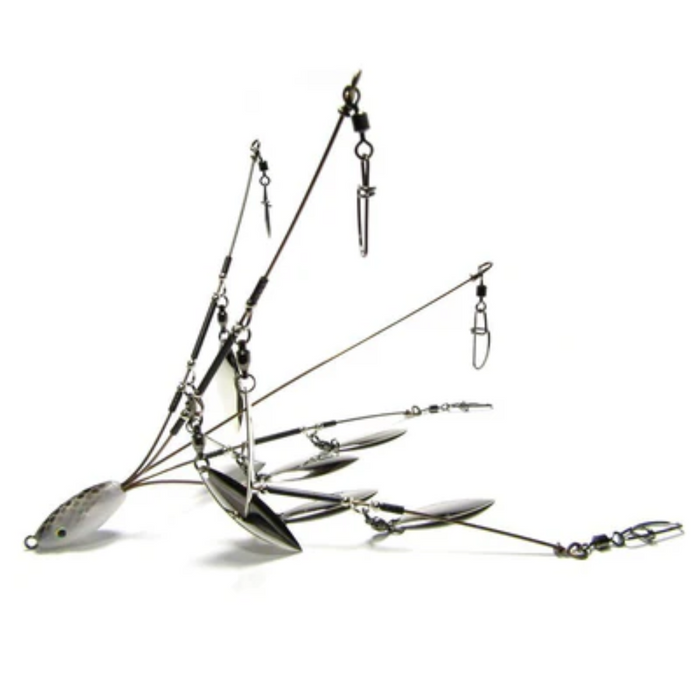 Hog Farmer A-Rig-Mini Minnesota Rigs featuring multiple metal arms with spinner blades and swivels, designed for fishing tackle and targeting musky fish.
