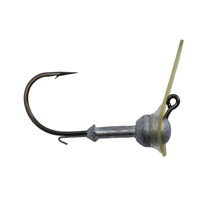 Hog Farmer Bait Company Hog Wobbler Scrounger Head featuring a metallic weighted jig head with a sharp fishing hook and a rubber weed guard designed for fishing tackle use.