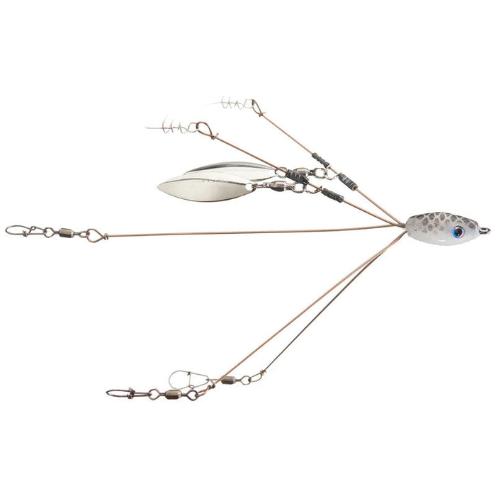 Hog Farmer Bait Company Tactical Bassin Micro Flex Umbrella Rig featuring multiple metal arms, spearhead bait holder, and reflective blades designed for fishing tackle to attract bass.