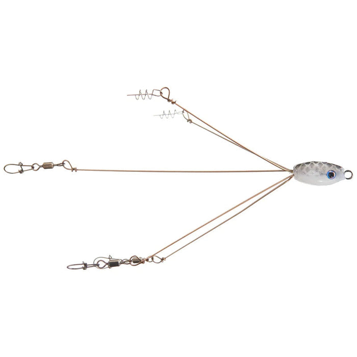 Hog Farmer Bait Company Tactical Bassin Micro Flex Umbrella Rig featuring multiple wire arms with spiraled bait holders and a weighted head designed for fishing tackle and lure setups.