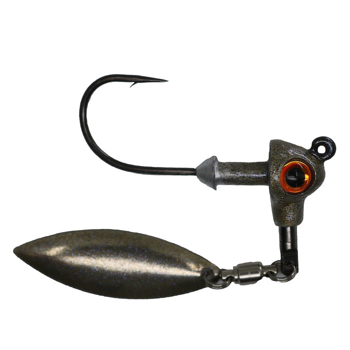 Hog Farmer Bait Company War Pig HD Underspin fishing lure featuring a dark metal jig head with an orange eye detail and an attached silver spinner blade for bass fishing and other freshwater species.