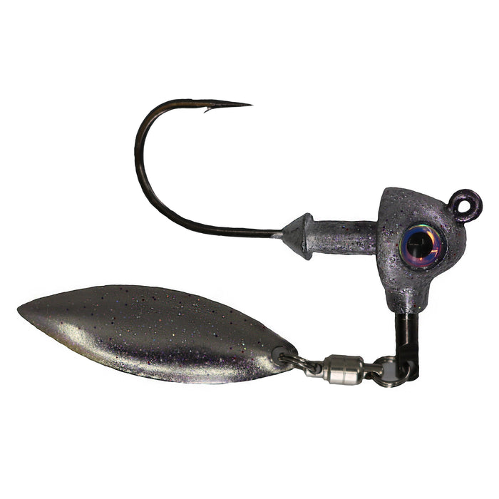 Hog Farmer Bait Company War Pig HD Underspin fishing lure featuring a sharp single hook, weighted head with detailed eye, and a metallic spinner blade designed for bass fishing tackle.