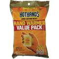 Package of HotHands Hand Warmers value pack showing orange and yellow design, with text highlighting long-lasting heat for up to 200 hours, and an image of a hand holding one warmer.