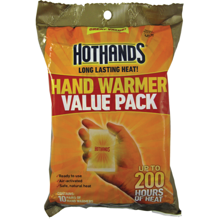 Package of HotHands Hand Warmers value pack showing orange and yellow design, with text highlighting long-lasting heat for up to 200 hours, and an image of a hand holding one warmer.