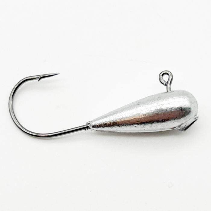 Howies Tiny Tube Jig Head in metallic silver with a sharp single fishing hook and a loop for attaching fishing lures, designed for precise fishing tackle use.