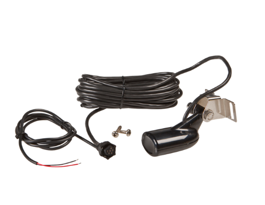 HST-WSU 83/200 kHz Skimmer Transducer with Temp Sensor 000-0106-48, black marine electronics device with attached long cable, metal mounting bracket, and two screws for fishing tackle installation.