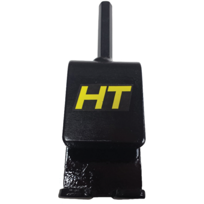HT Ice Anchor Tool - Power Drive, black metal ice fishing accessory with yellow HT logo designed for securing ice anchors securely in frozen water.