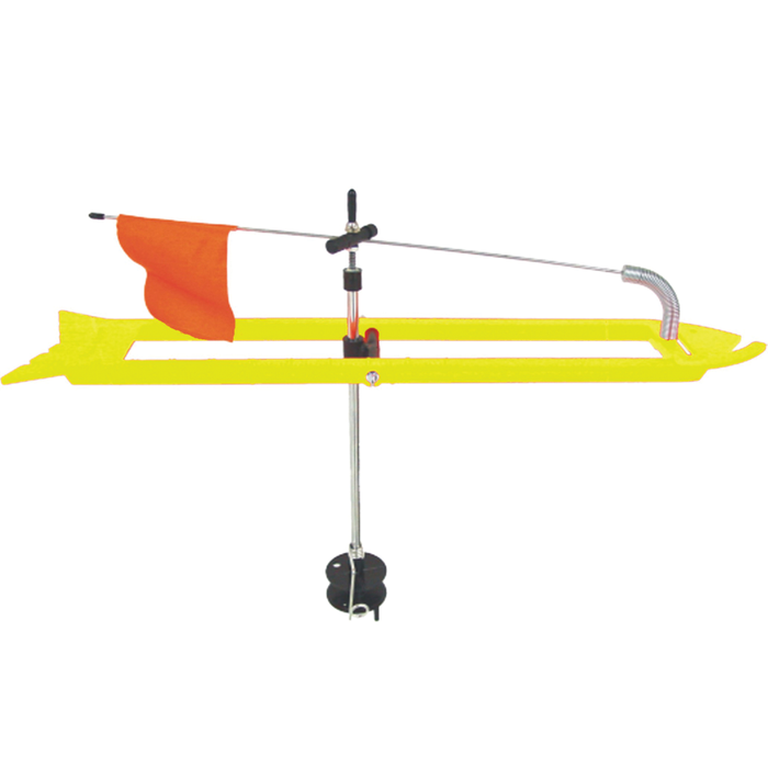 HT Polar Fire Tip-Up w/ Ruler shown with a yellow plastic base, red flag, metal arm, and adjustable mechanism designed for ice fishing detection and measurement.