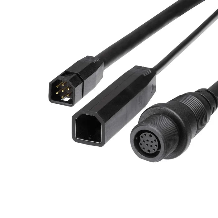 Humminbird 9 M360 2DDI Y - MEGA 360 & 2D/MDI Y CABLE 720107-1 showing three black connectors with multiple pins and a black cable, designed for marine electronics and fishing tackle systems.