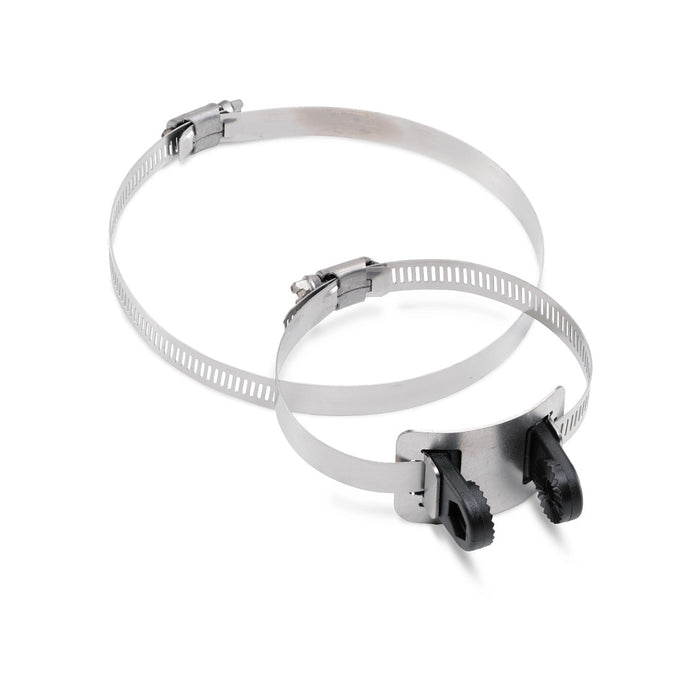 Humminbird AD XTM 9 - TROLLING MOTOR ADAPTER FOR XNT TRANSDUCER 740087-1 is a metal mounting bracket with adjustable stainless steel straps and black plastic clamps designed for securing marine electronics on fishing boats.