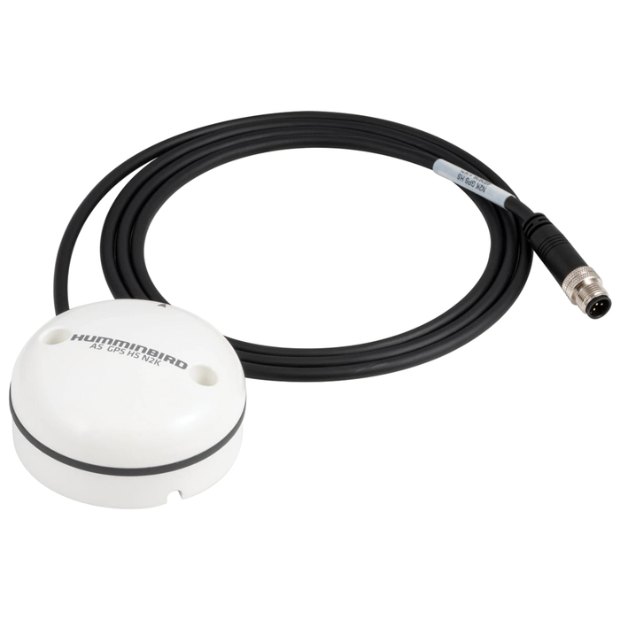 Humminbird AS GPS HS N2K marine electronic device with a white round sensor housing and attached black cable featuring a connector, used for fishing tackle navigation.