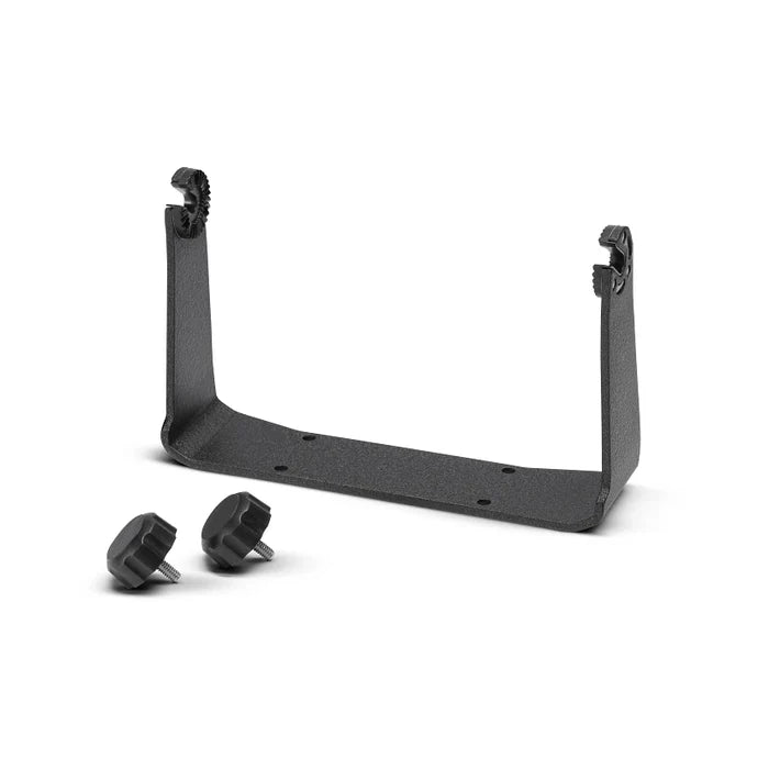 Humminbird GM S15 - GIMBAL MOUNT SOLIX 15 MODELS 740165-1 black metal bracket with two black adjustment knobs for secure mounting of marine electronics on fishing boats.