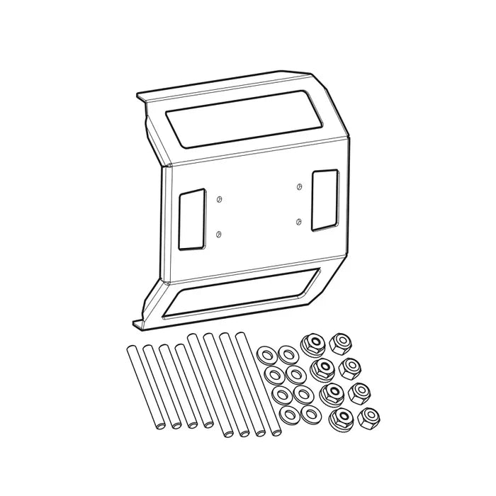 Line drawing of a mounting kit including a rectangular bracket with cutouts, several cylindrical spacers, washers, and nuts designed for the Humminbird IDMK S15R - IN-DASH MOUNTING KIT SOLIX 15 MODELS 740177-1.
