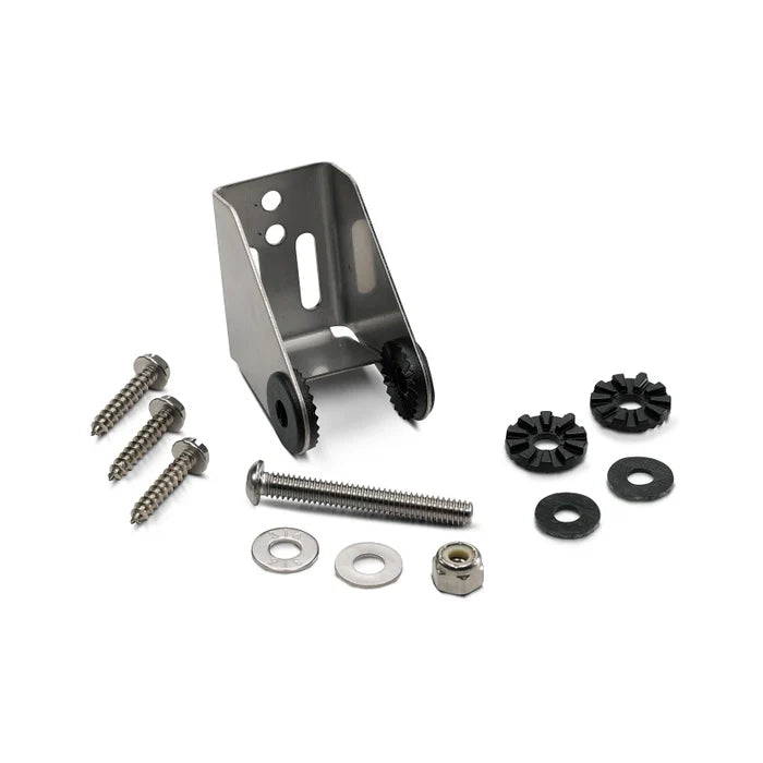 Humminbird MHX MXNT - METAL TRANSOM MOUNTING BRACKET 740162-1 shown with stainless steel screws, washers, lock nut, and black plastic mounting components for secure marine electronics installation.