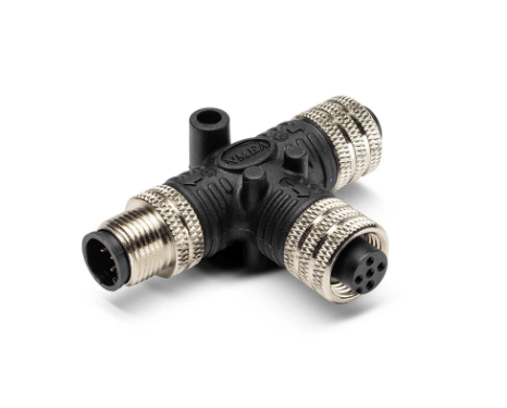 Humminbird N2K T Connector M 760038-1 is a black and silver T-shaped marine electronics connector with threaded metal ends for secure fishing tackle connections.