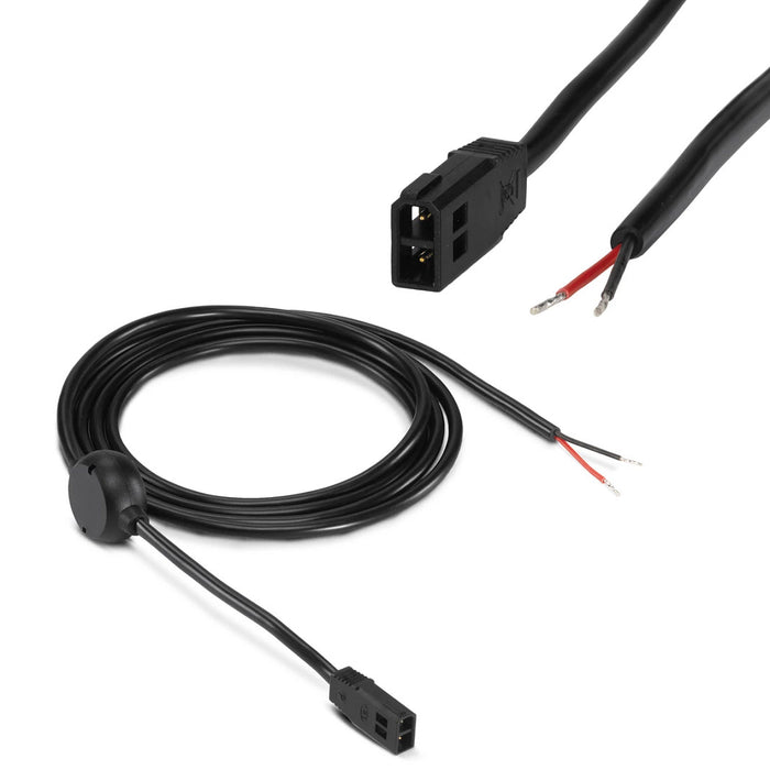 Humminbird Power Cables (PC 10, 11, 12, 13) featuring a long black cable with a rectangular multi-pin connector on one end and exposed red and black wire leads on the other for marine electronics power connection.
