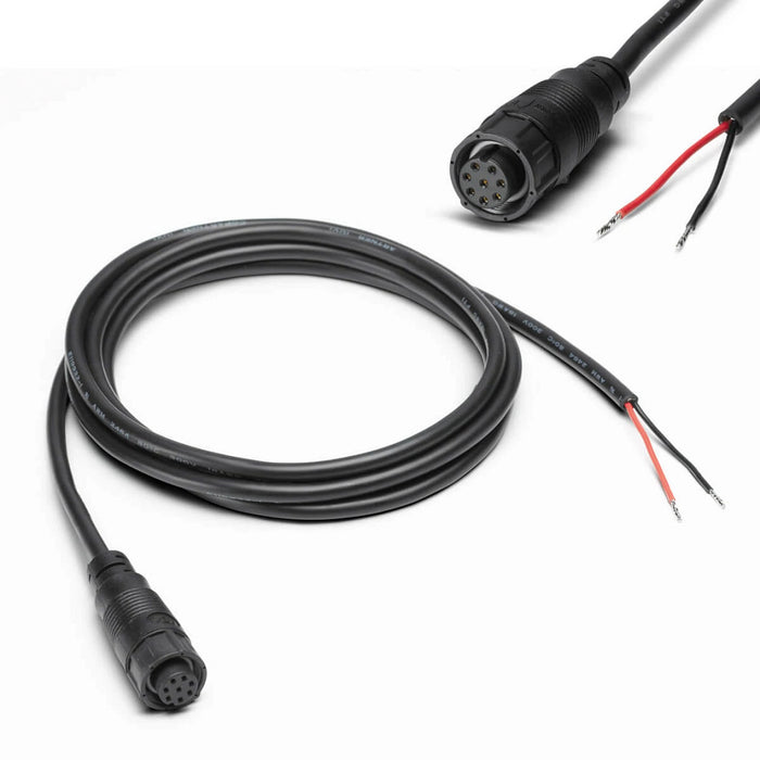 Humminbird Power Cables (PC 10, 11, 12, 13) shown as a black coiled cable with multi-pin circular connector on one end and exposed red and black wires on the other, used for marine electronics.