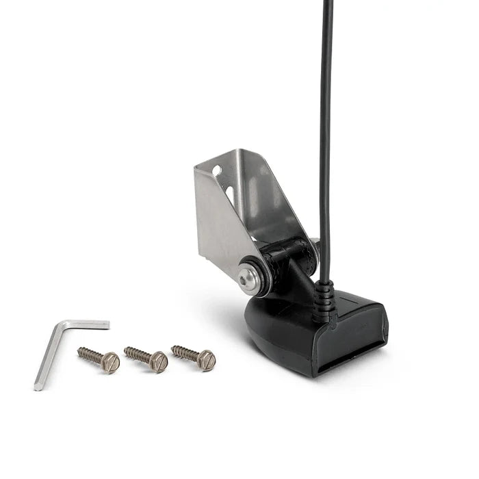 Humminbird XNT 14 HW T - SOLIX DUAL SPECTRUM CHIRP W/ TEMP TRANSOM TRANSDUCER 710285-1 with mounting bracket, cable, three screws, and an installation wrench for marine electronics use.