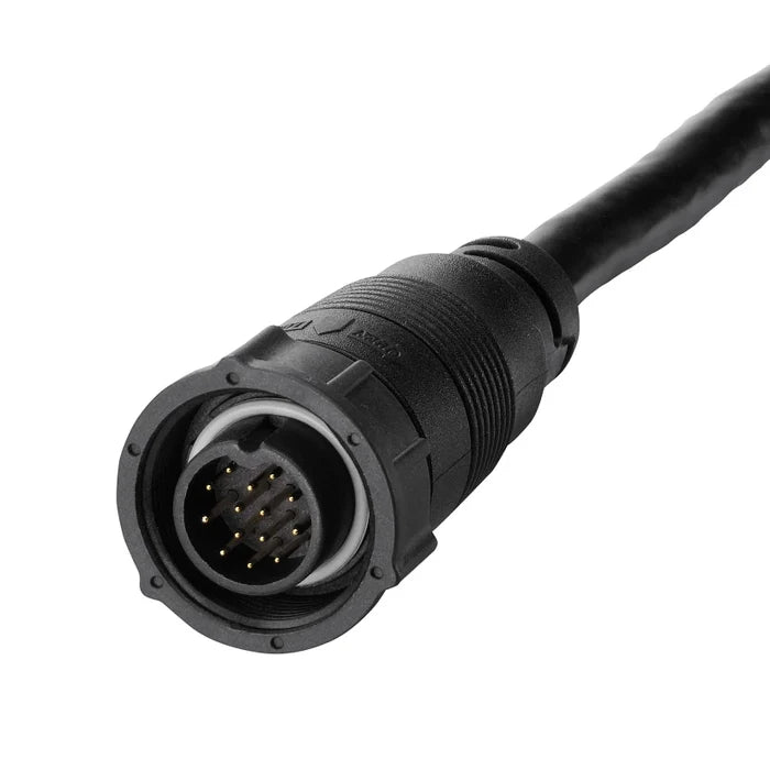 Close-up image of a black circular connector with multiple metal pins on a cable, part of the Humminbird XNT 14 HW T - SOLIX DUAL SPECTRUM CHIRP W/ TEMP TRANSOM TRANSDUCER 710285-1 marine electronics fishing tackle.