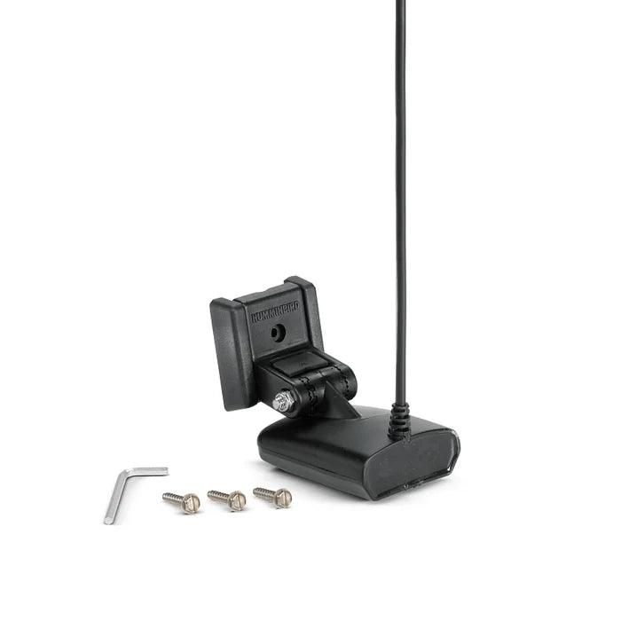 Humminbird XNT 9 HW MSI 150 T - HELIX 7 MEGA SI, DI, DUAL SPECTRUM CHIRP W/TEMP TRANSOM TRANSDUCER 710297-1 showing black compact transducer unit with mounting bracket, cable, three screws, and a hex key for installation.