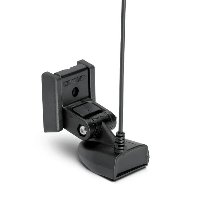 Compact black marine transducer with adjustable mounting bracket and cable, designed for use with Humminbird XNT 9 HW T - HELIX DUAL SPECTRUM CHIRP W/ TEMP TRANSOM TRANSDUCER 710274-1.