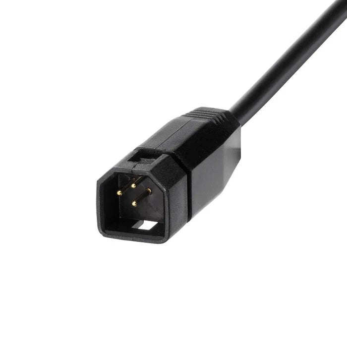 Close-up of the black connector cable for the Humminbird XNT 9 HW T - HELIX DUAL SPECTRUM CHIRP W/ TEMP TRANSOM TRANSDUCER 710274-1, showing three gold pins and durable plastic housing.