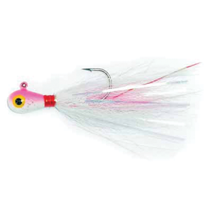 Hutch Tackle Bucktail Jigs featuring a pink and white painted jig head with a single sharp hook and a flowing white and pink bucktail skirt designed for fishing tackle use.