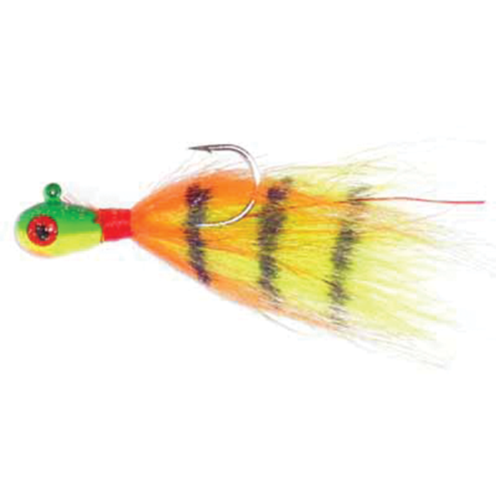 Hutch Tackle Bucktail Jigs featuring a green and orange head with a single hook and a yellow and orange bucktail skirt with black stripes, designed for fishing tackle use.