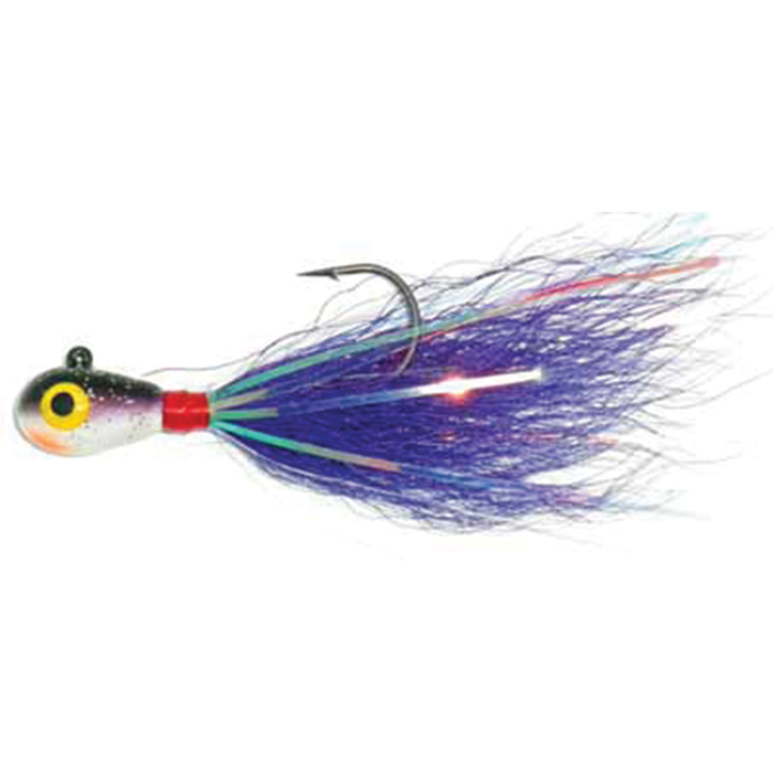Hutch Tackle Bucktail Jigs fishing lure with a painted weighted head, single hook, and purple synthetic hair skirt designed for attracting fish in freshwater fishing tackle.