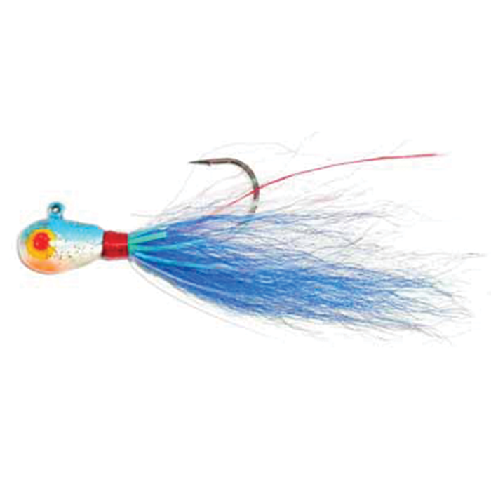 Hutch Tackle Bucktail Jigs fishing lure with a blue and white feathered tail, a painted head with red and orange accents, and a sharp hook designed for musky and ice fishing.