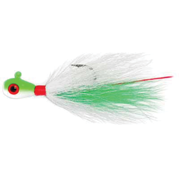Hutch Tackle Bucktail Jigs featuring a bright green jig head with red eye detail and a skirt of white and green feathers, designed for effective fishing tackle use.