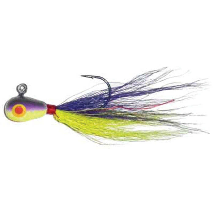 Hutch Tackle Bucktail Jigs fishing lure with a metallic head featuring a yellow and red eye, and colorful synthetic hair strands in purple, yellow, and pink, designed for musky fishing.
