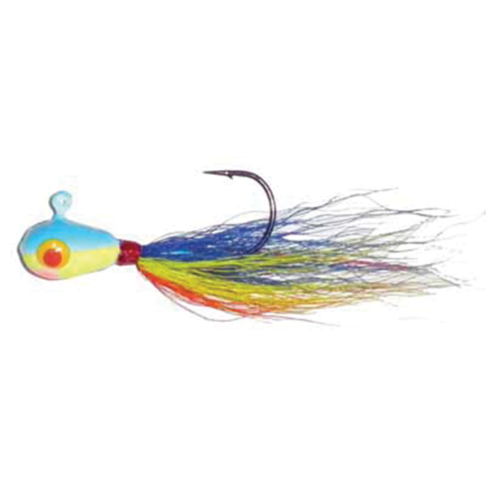 Hutch Tackle Bucktail Jigs featuring a colorful blue, yellow, and red head with a multicolored feathered tail and a sharp fishing hook for effective fishing tackle use.