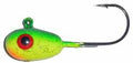 Hutch Tackle Painted Jigs in green and yellow with red eye detail, featuring a sharp fishing hook, designed for effective fishing tackle use.