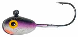 Hutch Tackle Painted Jigs featuring a purple and silver painted fishing lure with a single sharp black hook, designed for effective fishing tackle use.