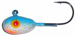 Hutch Tackle Painted Jigs in blue and white with orange accents, featuring a detailed painted body and a sharp single fishing hook, ideal for fishing tackle and lure enthusiasts.